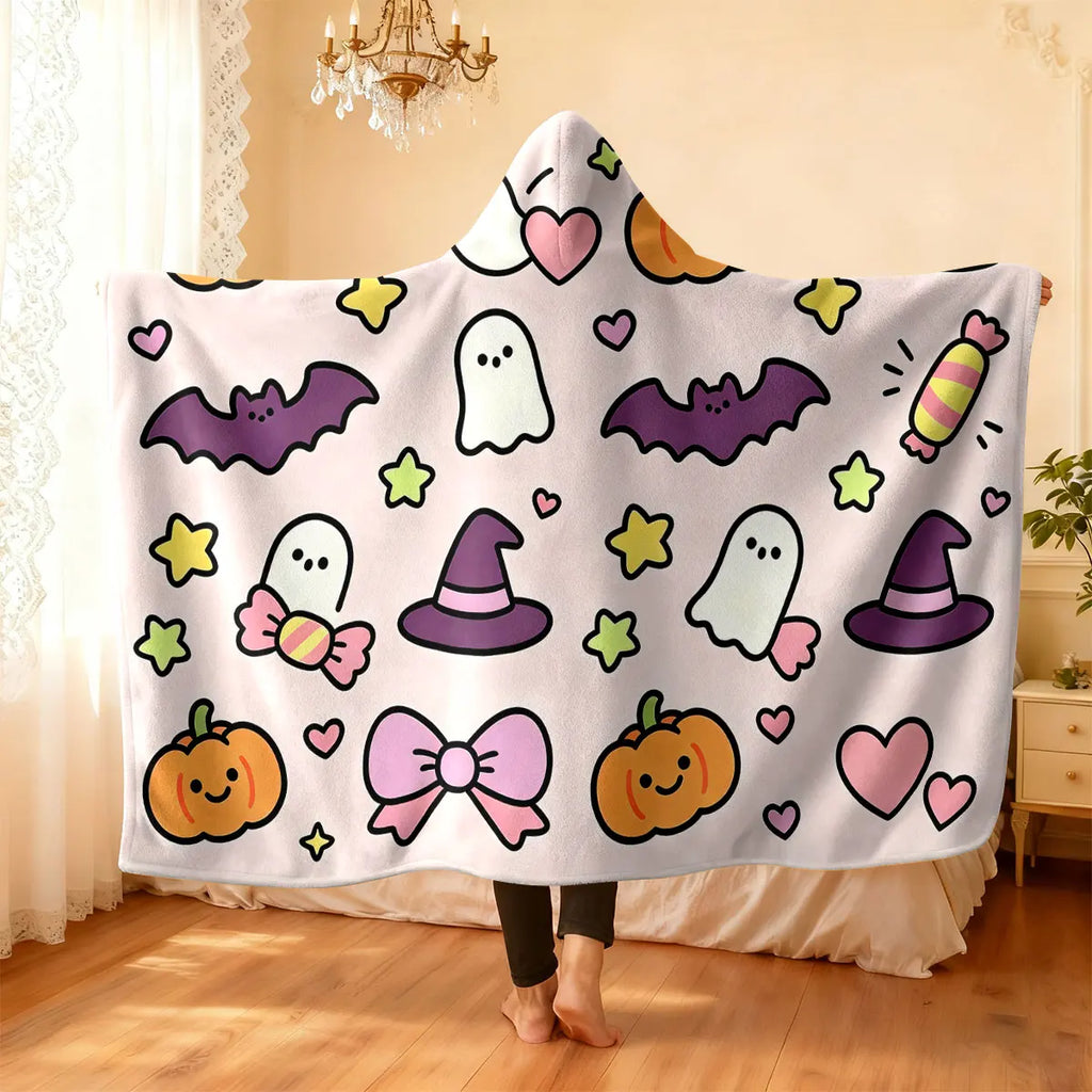 Halloween Kitten Hooded Wearable Flannel Cloak Blanket
