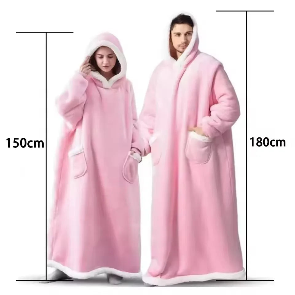 Adults 180cm Long Wearable Blanket Hoodie Fleece Pullover