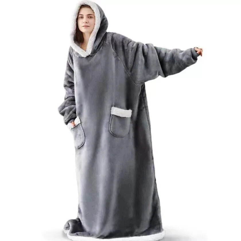 Adults 180cm Long Wearable Blanket Hoodie Fleece Pullover