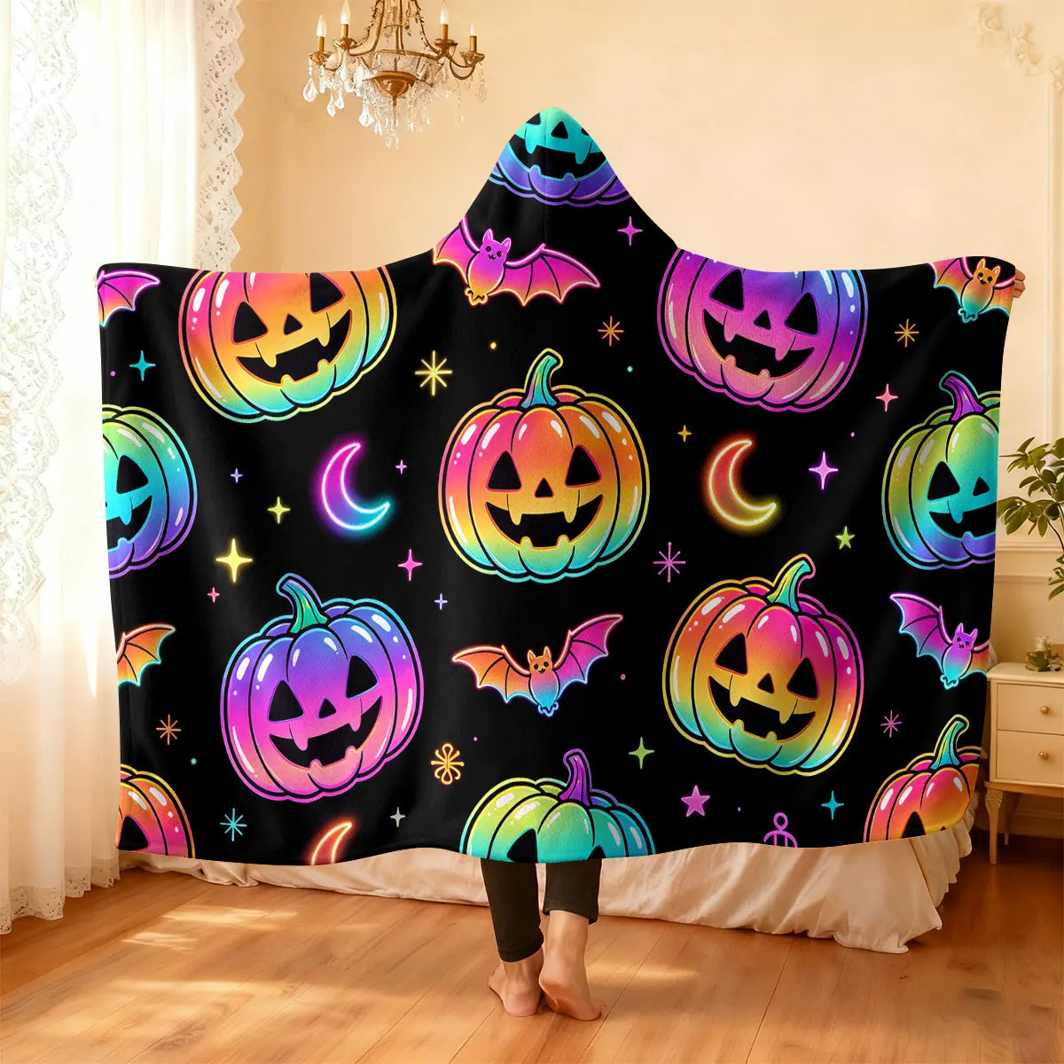 Halloween Kitten Hooded Wearable Flannel Cloak Blanket