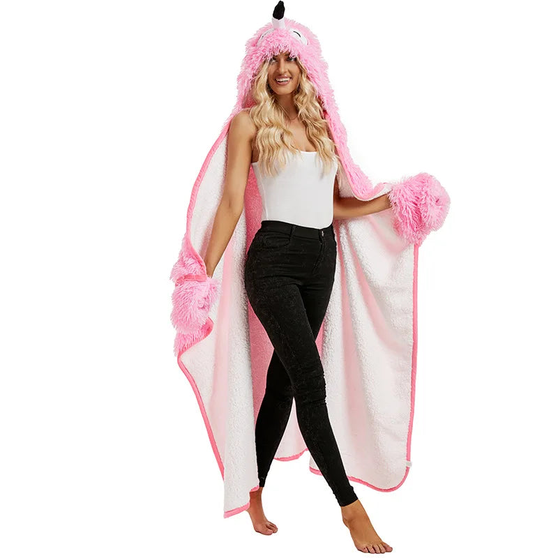 Flamingo Cartoon Wearable Blanket Hoodie Gloves