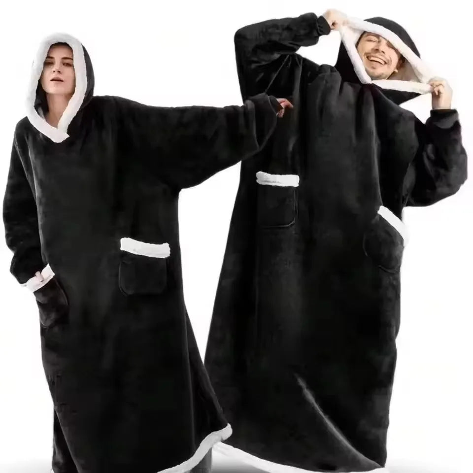 Adults 180cm Long Wearable Blanket Hoodie Fleece Pullover