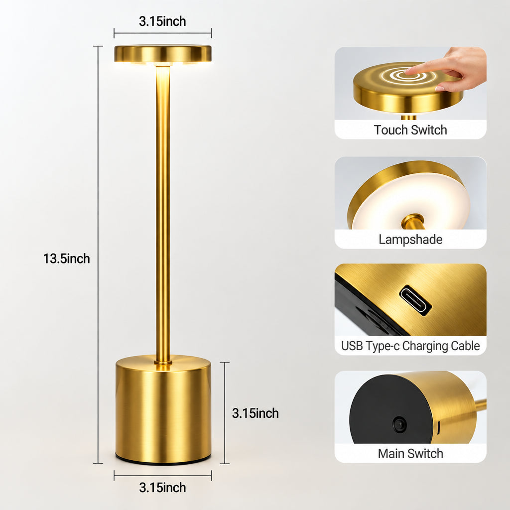 Gold floor lamp with dimensions and features highlighted on a white background