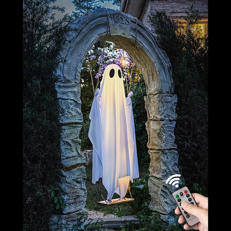 Halloween's Outdoor Ghost Swing with String Lights for Porch Display