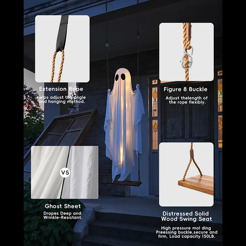 Halloween's Outdoor Ghost Swing with String Lights for Porch Display