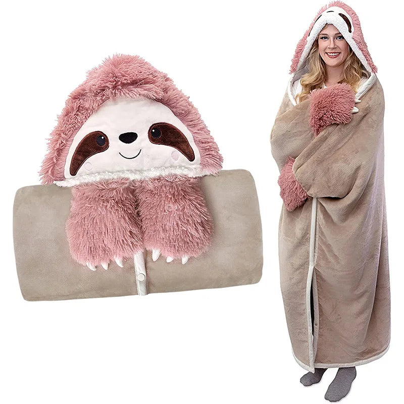 Flamingo Cartoon Wearable Blanket Hoodie Gloves