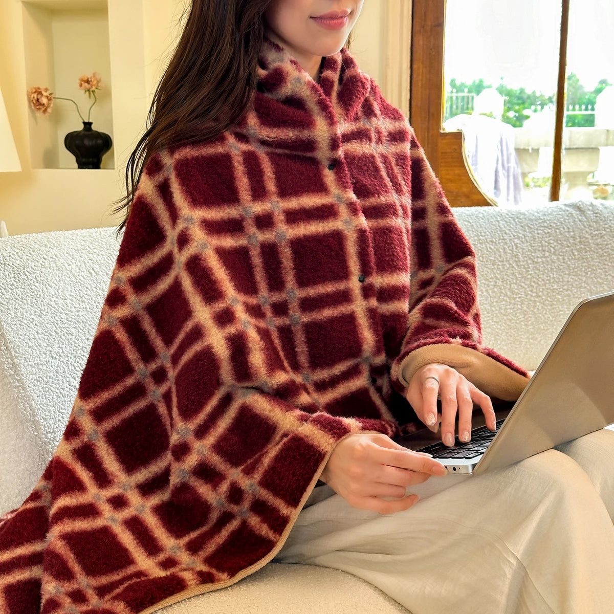 Faux Cashmere Plaid Wearable Blanket Soft Travel Shawl