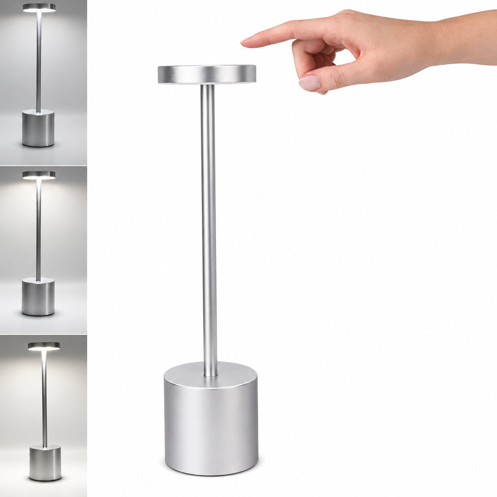 Hand holding a cylindrical lamp with multiple light settings on a white background