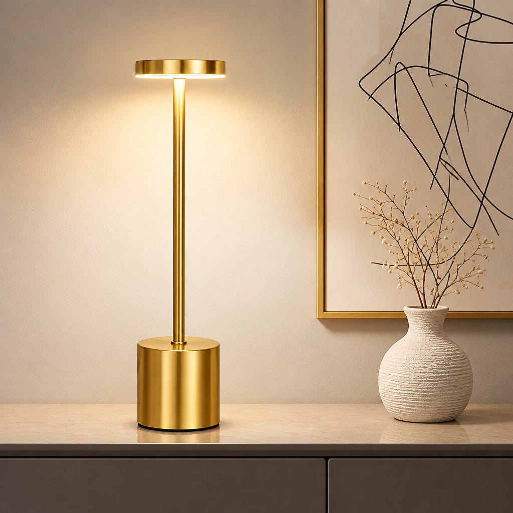 Gold table lamp with 3 color temperature dimming options on a neutral background