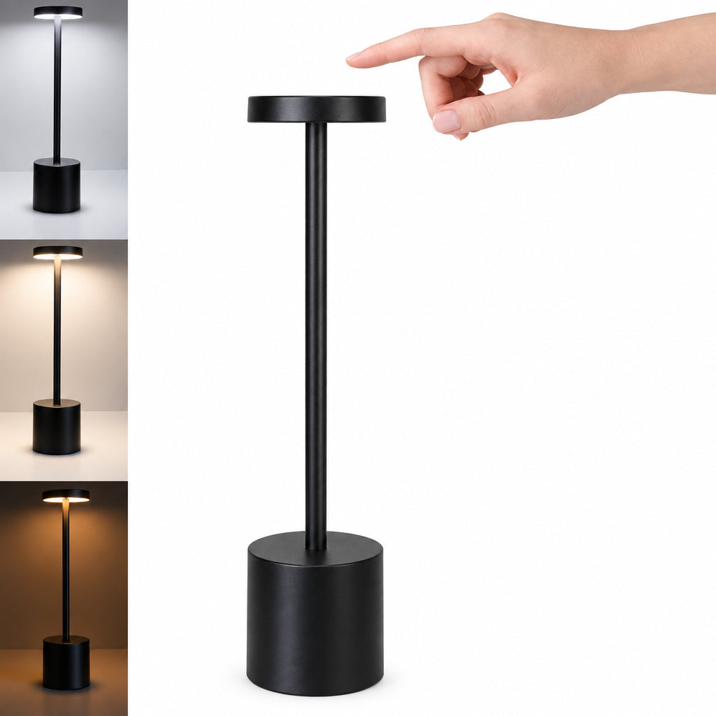 Black outdoor lamp with a hand pointing to it on a white background