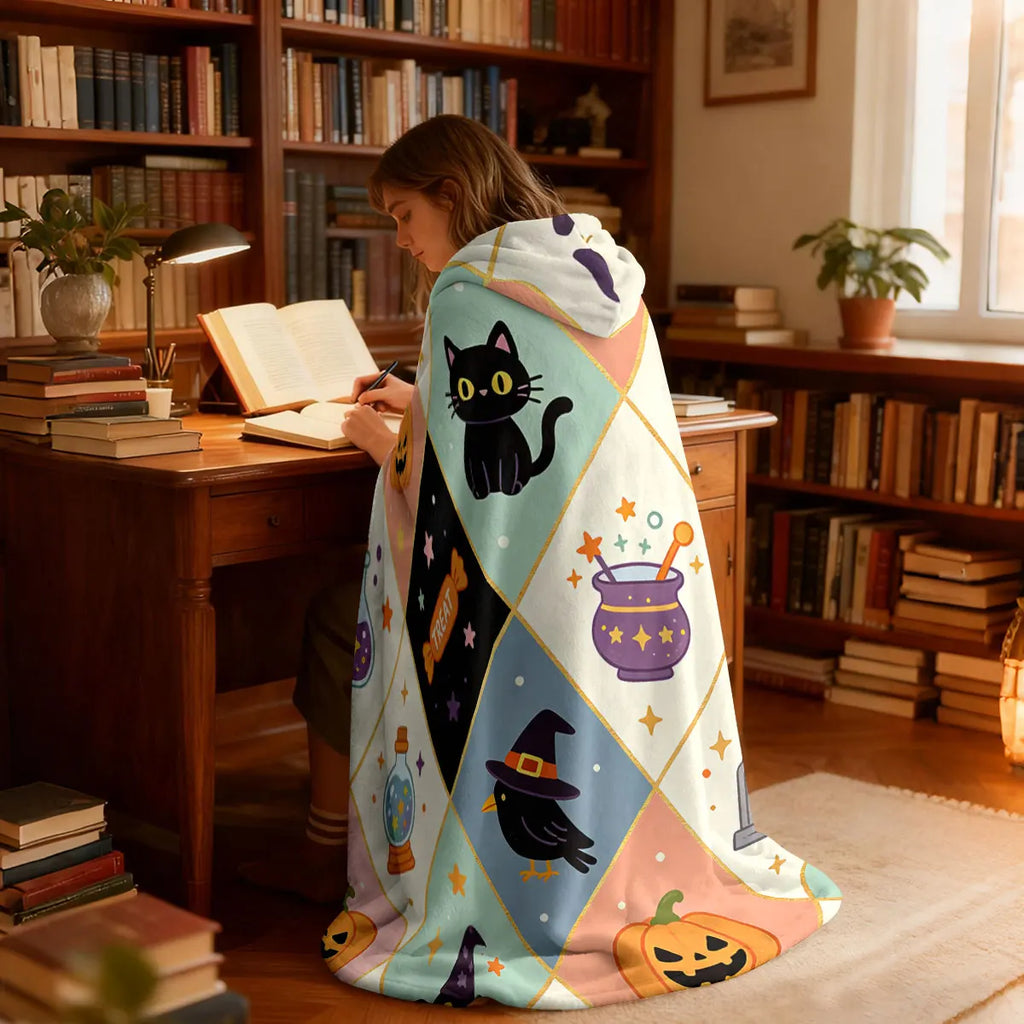Halloween Kitten Hooded Wearable Flannel Cloak Blanket