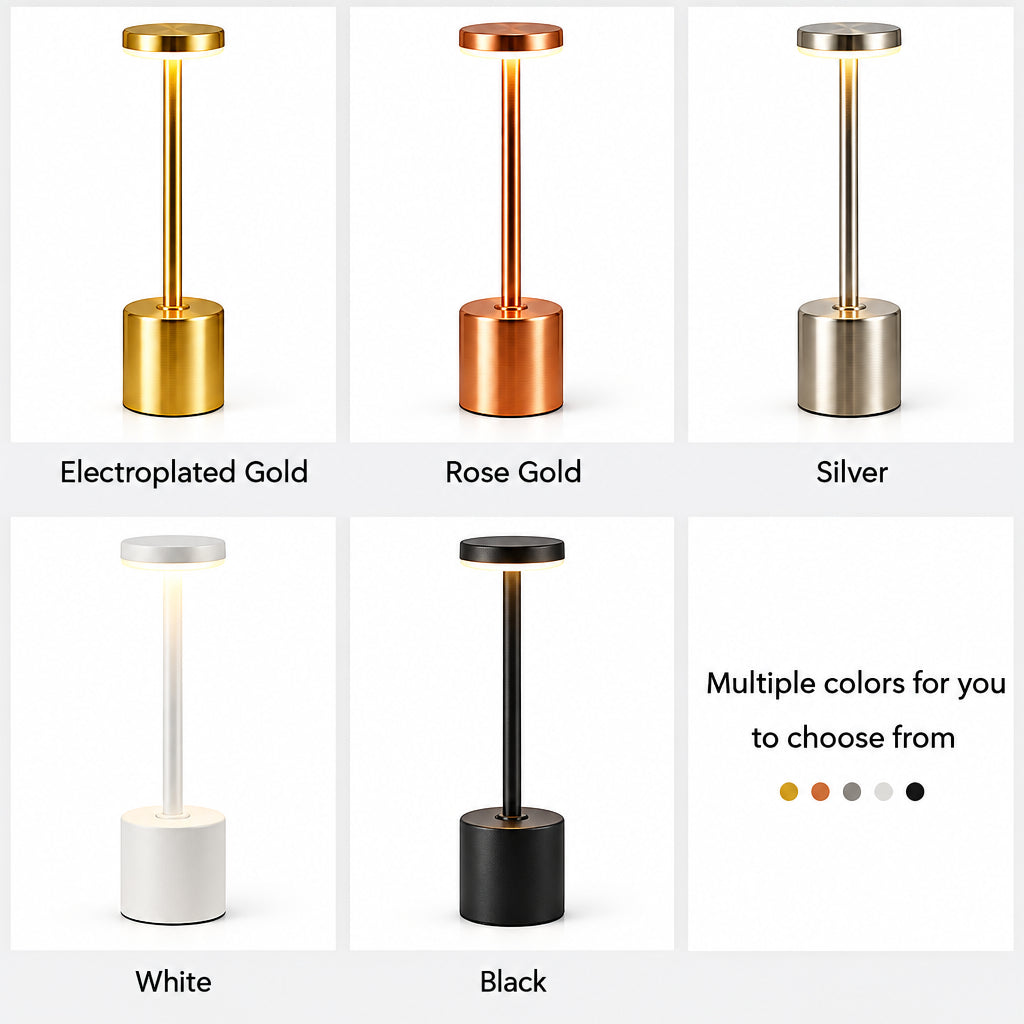 Various color options of a standing lamp including electroplated gold, rose gold, silver, white, and black.