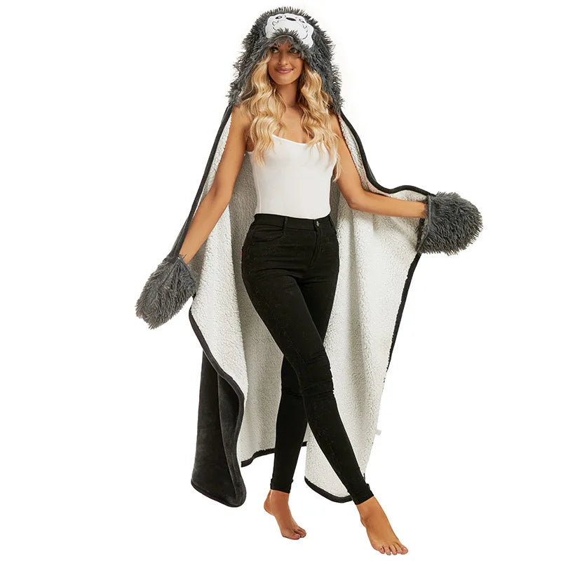 Flamingo Cartoon Wearable Blanket Hoodie Gloves