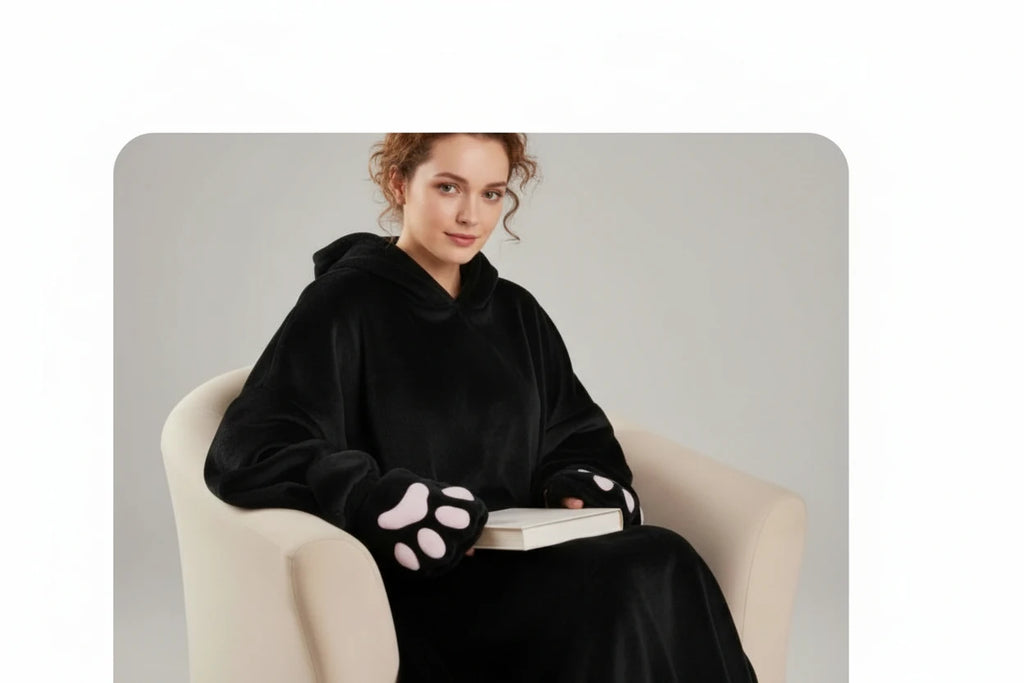 A woman seated in a cream armchair wearing a black hooded robe with oversized paw-print glove details on the sleeves and lap. The image includes marketing text at the top reading 'Appealing Creature Aesthetic For Home' and '200-250Gsm With Snapconversion Design'.