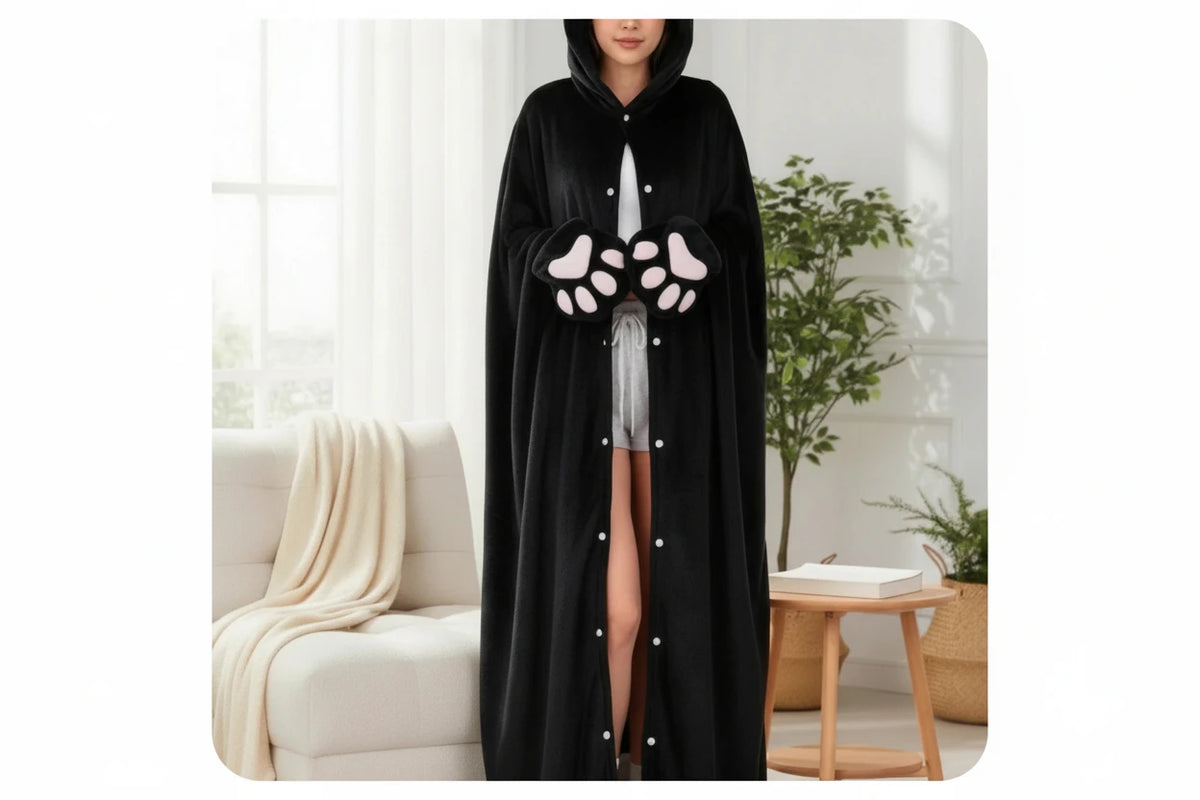A woman wearing a long black hooded blanket cape with white embroidered face details and white paw-print accents on the sleeves, standing in a bright living room. Text below reads 'Convertible Blanket To Stylisih Cape' and 'Premium Stitching With Embroidered Face'.