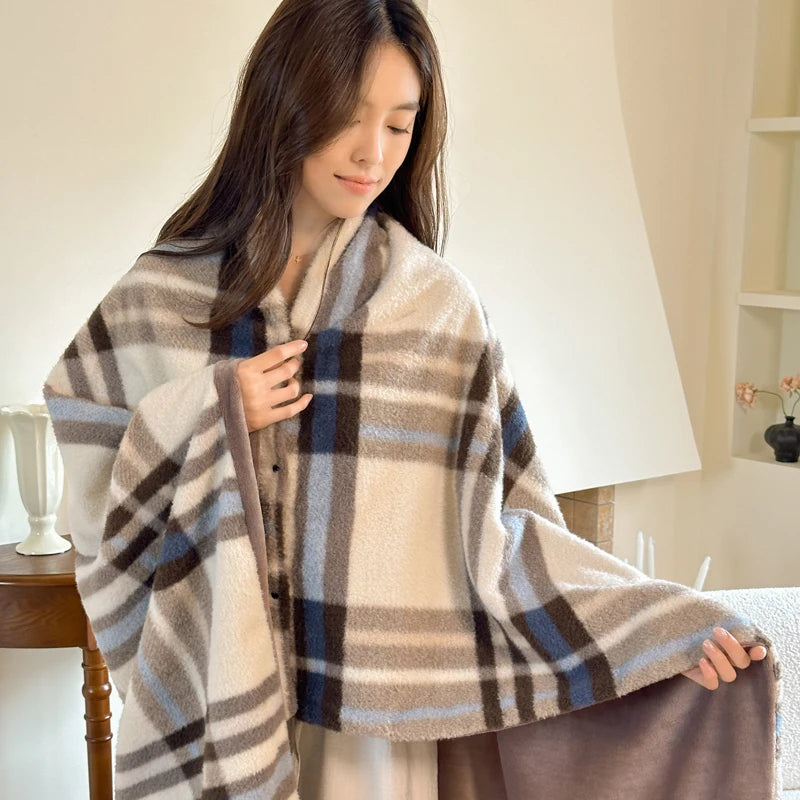 Faux Cashmere Plaid Wearable Blanket Soft Travel Shawl