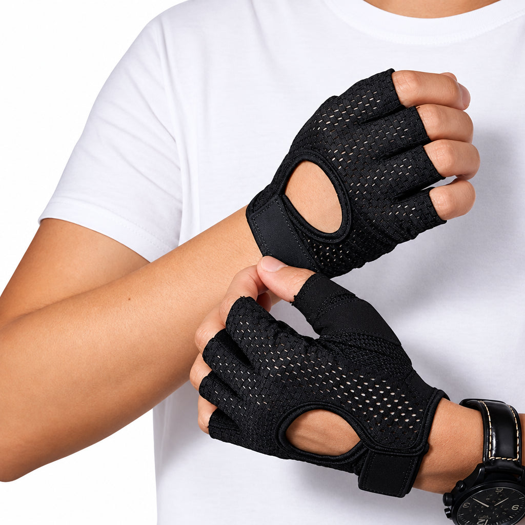 Black fingerless workout gloves with breathable mesh and wrist straps, shown being worn on a person's hands against a white shirt background.