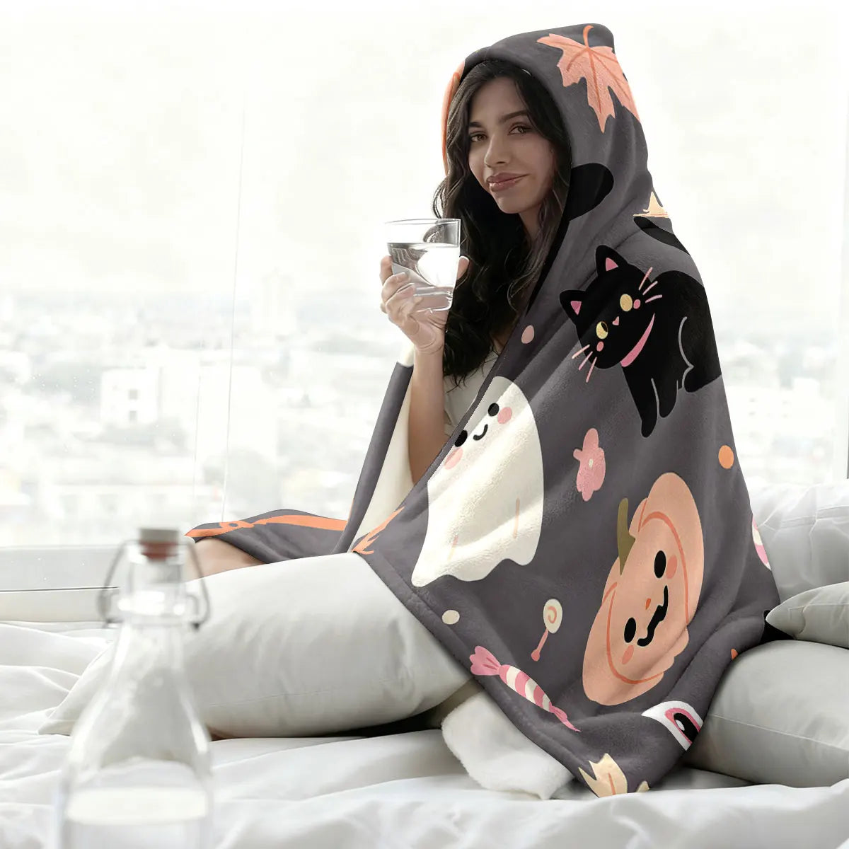 Halloween Kitten Hooded Wearable Flannel Cloak Blanket