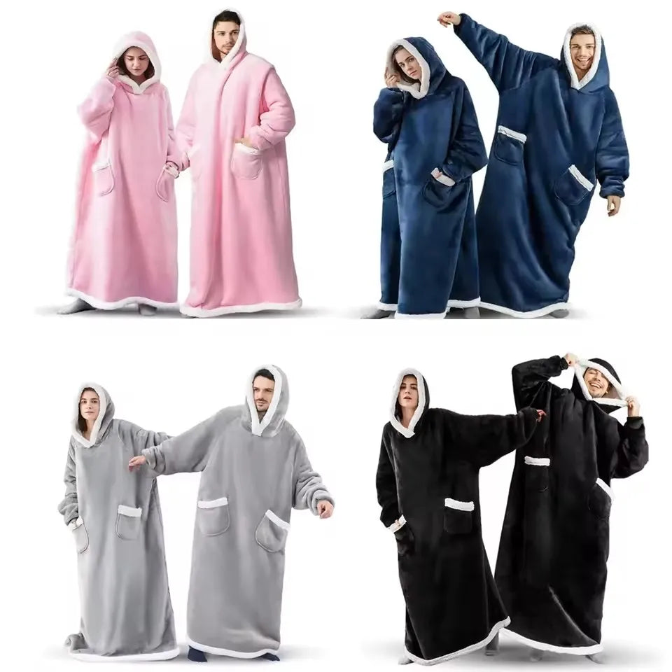Adults 180cm Long Wearable Blanket Hoodie Fleece Pullover