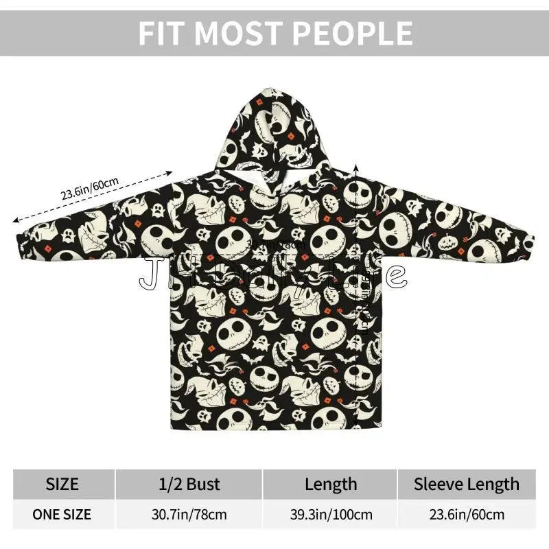 A black hooded sweatshirt with an all-over white cartoon skull-and-face print, shown on a white background with measurement arrows and a size table. The top text reads 'FIT MOST PEOPLE'.