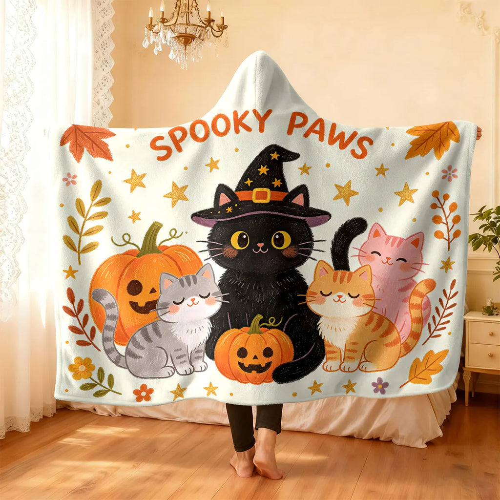 Halloween Kitten Hooded Wearable Flannel Cloak Blanket