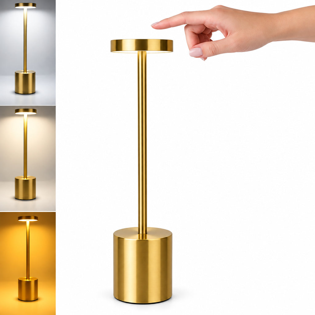 Gold cylindrical lamp with a hand turning a switch on a white background