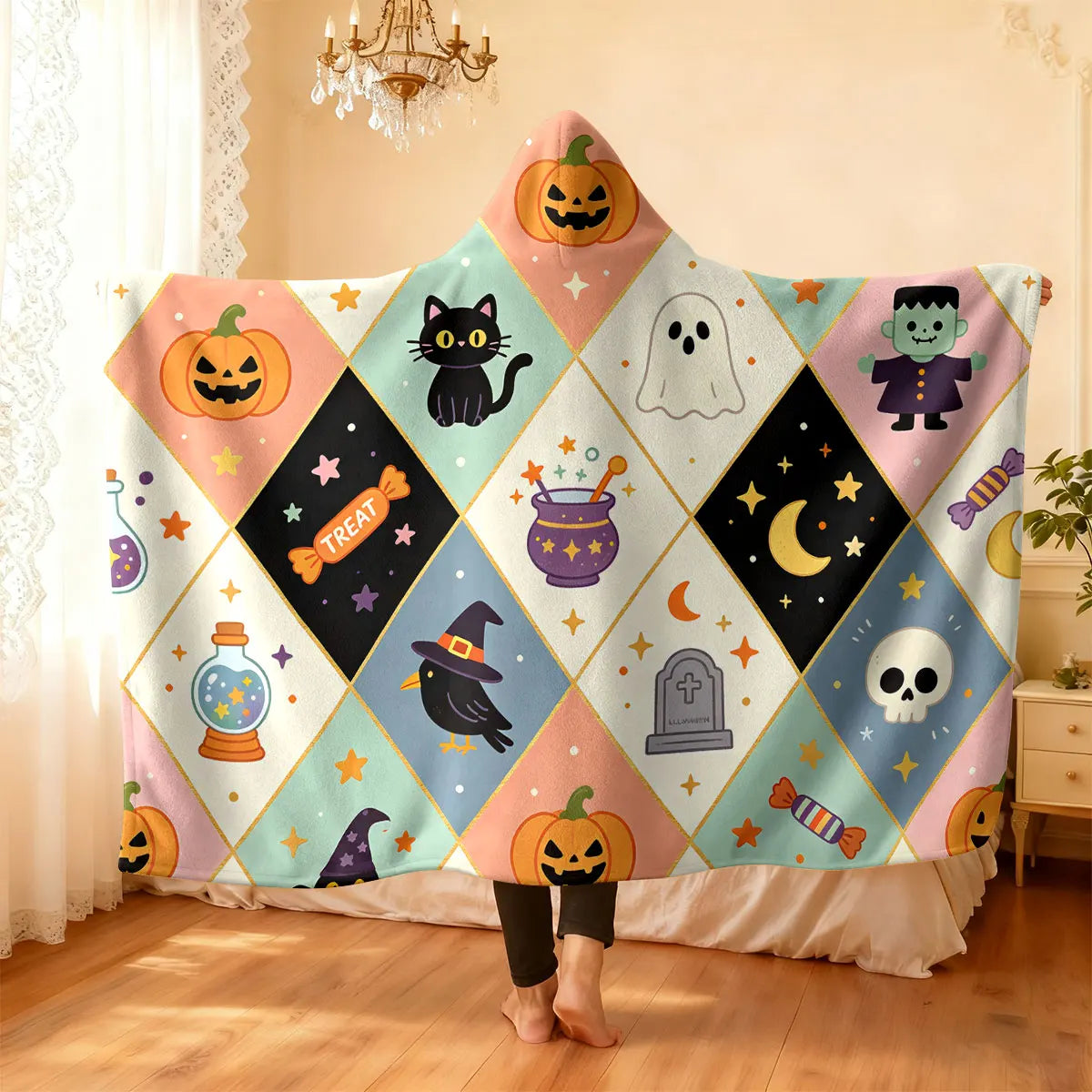 Halloween Kitten Hooded Wearable Flannel Cloak Blanket