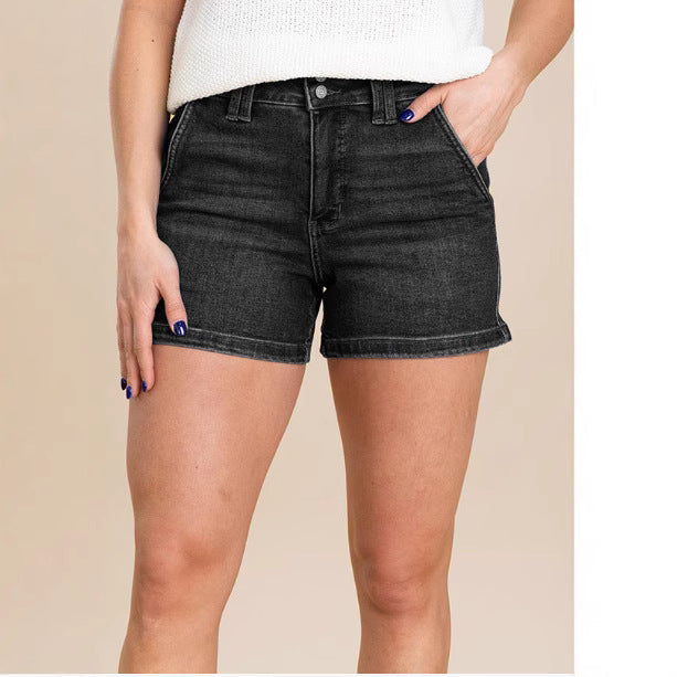 High-Waist Double Buckle Denim Shorts – Women’s Summer Casual