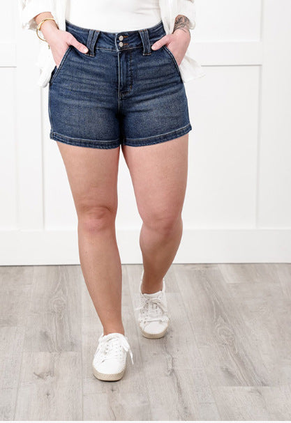 High-Waist Double Buckle Denim Shorts – Women’s Summer Casual