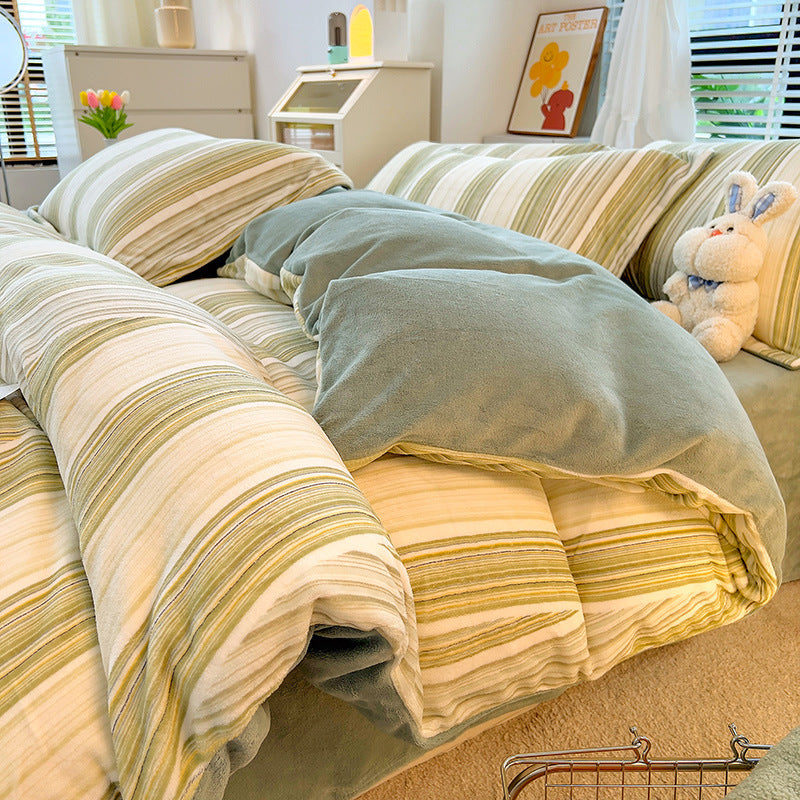 Nordic Striped Coral Fleece Duvet Cover 3-Piece Bedding Set