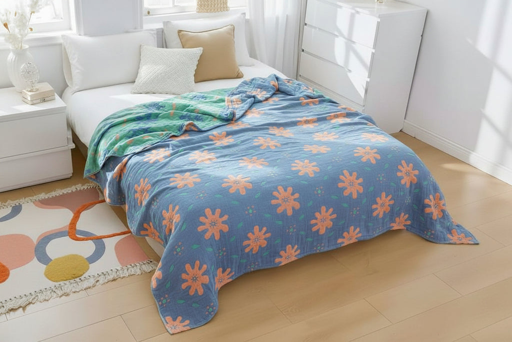 Floral patterned comforter on a bed in a bright bedroom