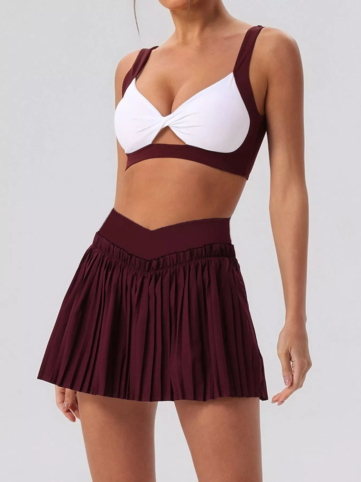 Sleeveless V-Neck Crop Top and Pleated Skirt Active Set