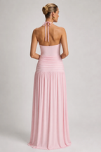 Maternity Maxi Dress – Halter Sleeveless Pregnancy Dress with Pleated Long Skirt