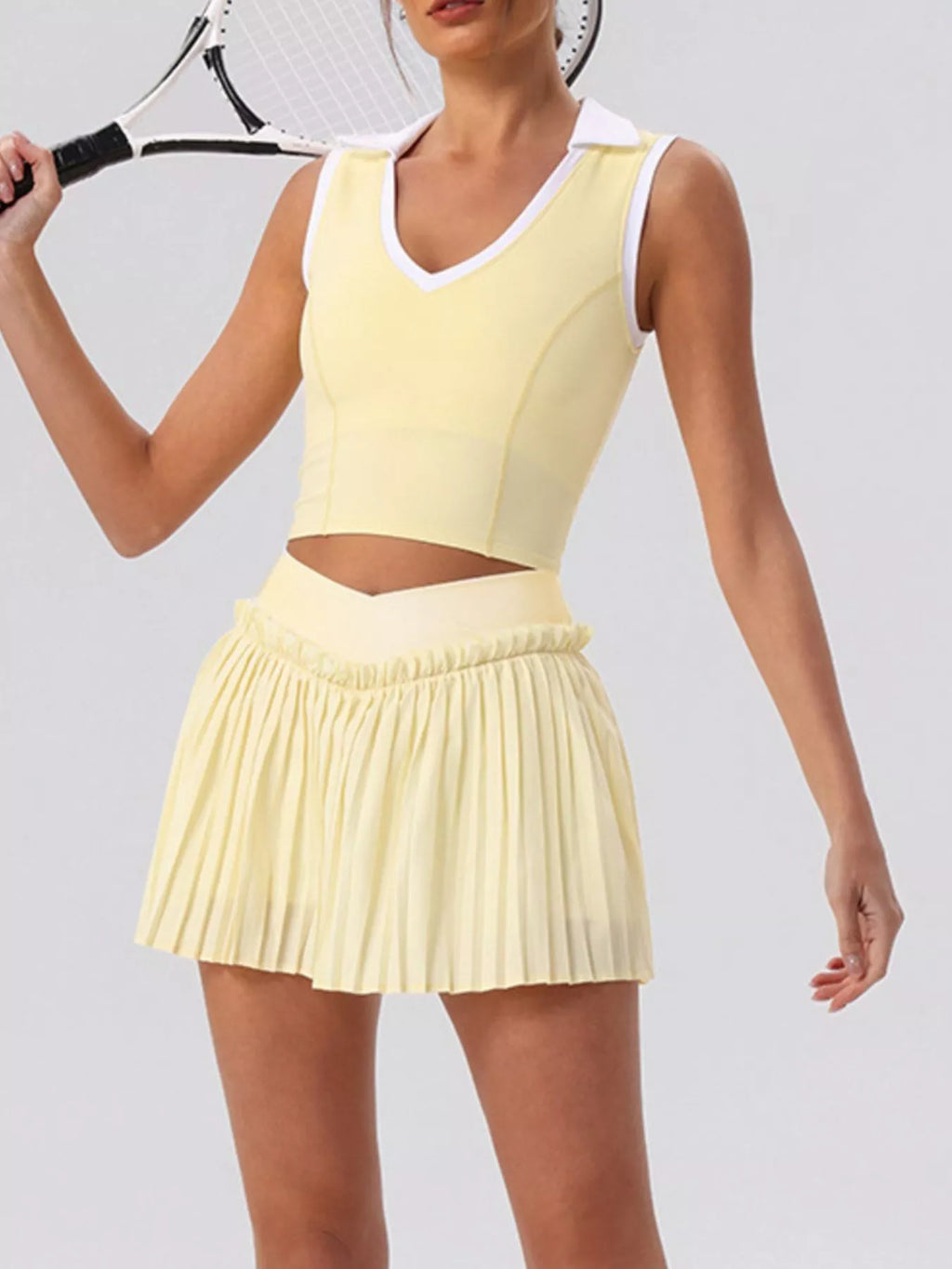 Sleeveless V-Neck Crop Top and Pleated Skirt Active Set