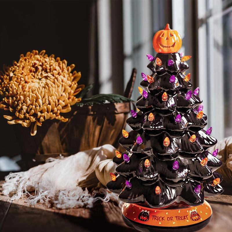 Halloween's LED Ceramic Holiday Tree with Purple & Orange Beads