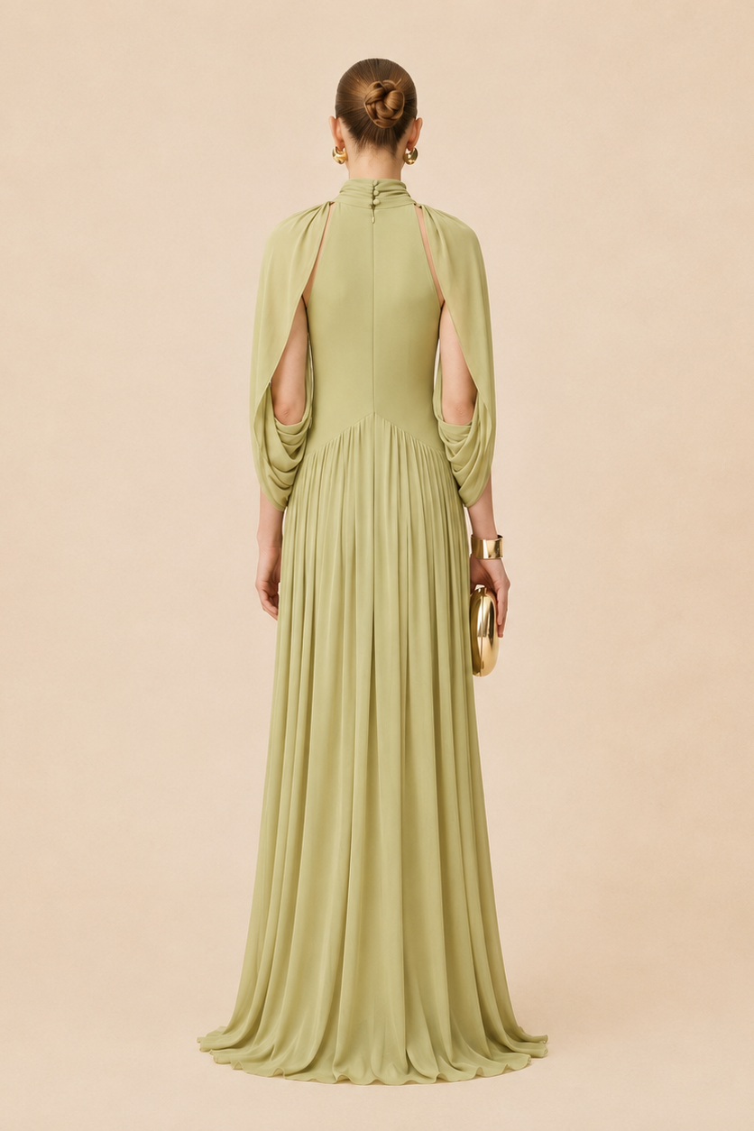 Beige Maternity Maxi Dress – Pleated High Neck Draped Cape Sleeve Knit Pregnancy Dress