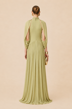 Beige Maternity Maxi Dress – Pleated High Neck Draped Cape Sleeve Knit Pregnancy Dress