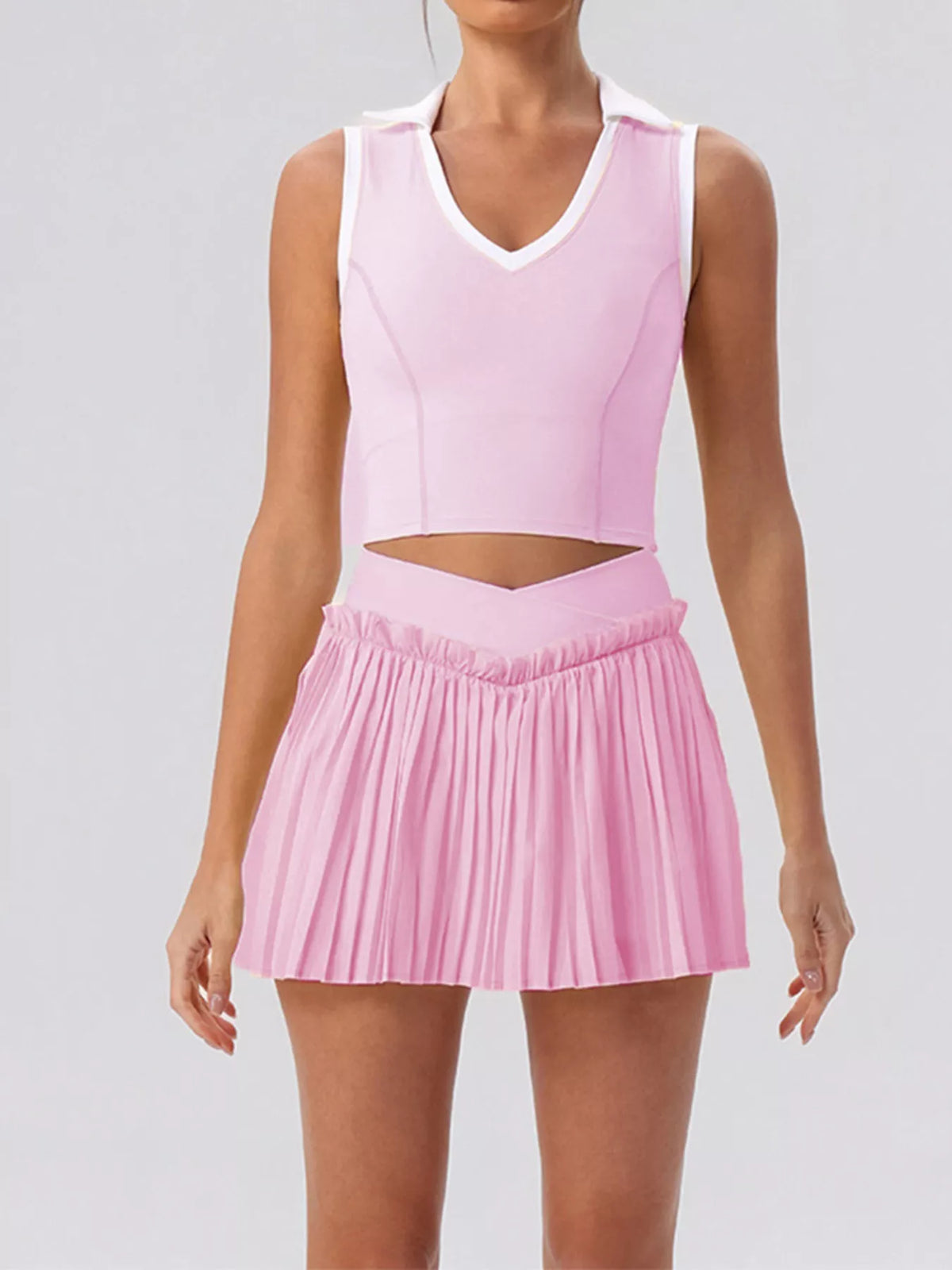 Sleeveless V-Neck Crop Top and Pleated Skirt Active Set