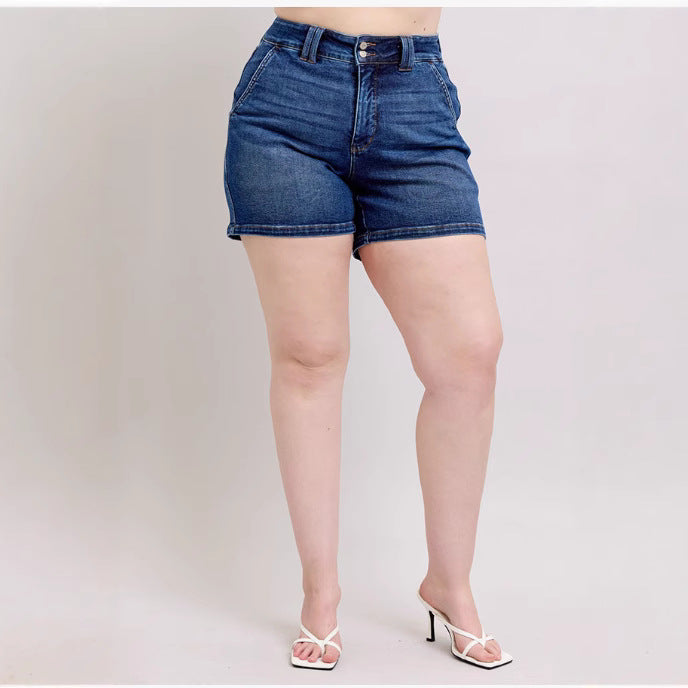 High-Waist Double Buckle Denim Shorts – Women’s Summer Casual