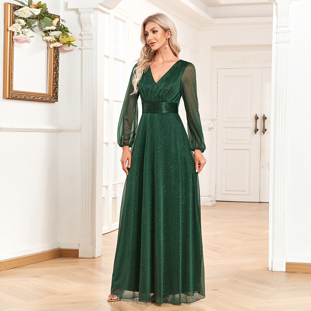 Women’s Chiffon A-Line Evening Dress – Sheer Long Sleeve Wedding Gown