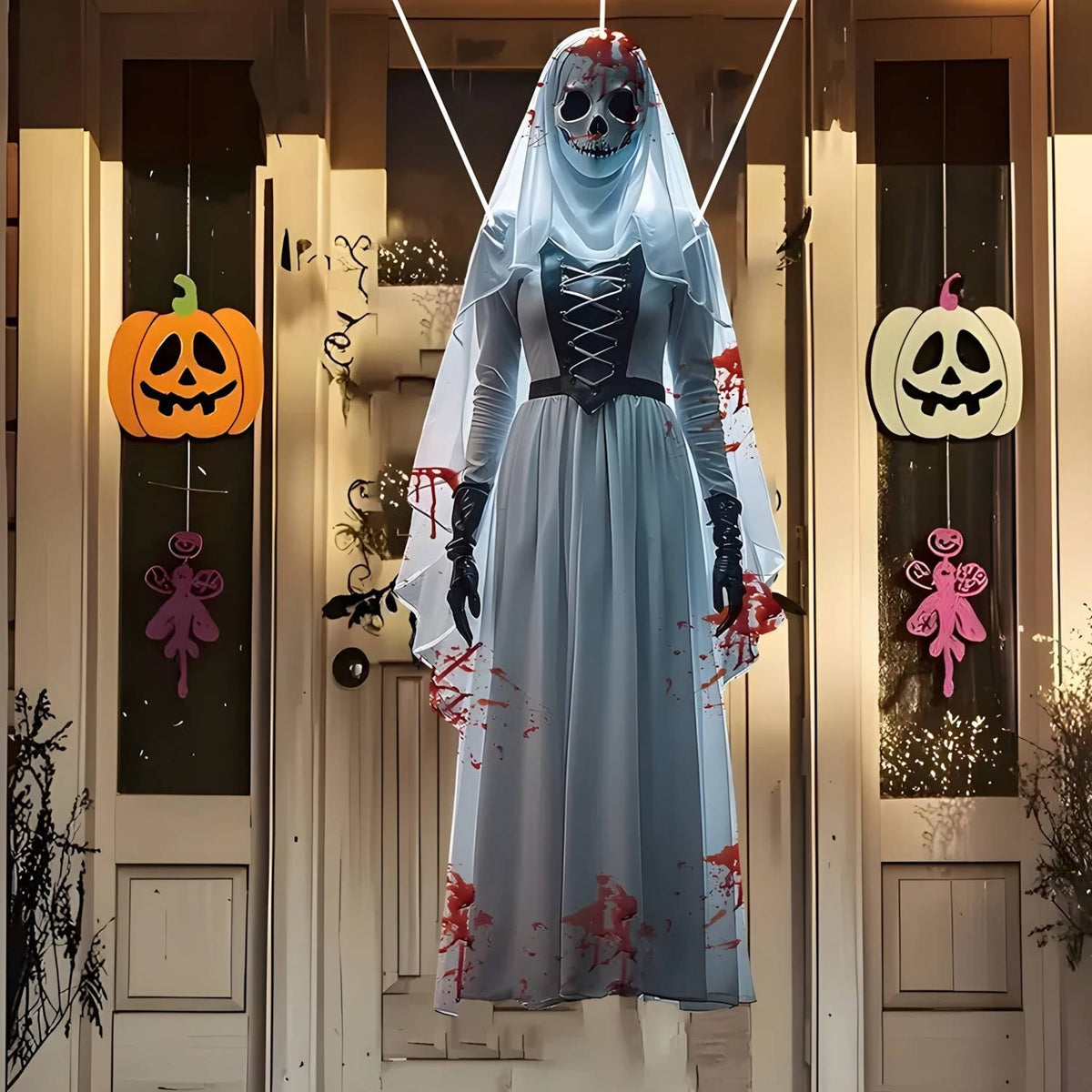 Halloween's Skull Bride Hanging Decoration with Weather Resistant Fabric