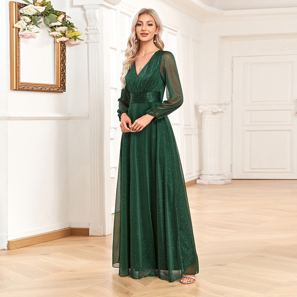 Women’s Chiffon A-Line Evening Dress – Sheer Long Sleeve Wedding Gown