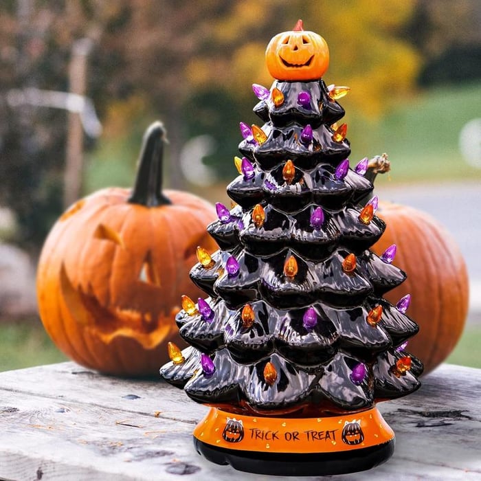 Halloween's LED Ceramic Holiday Tree with Purple & Orange Beads