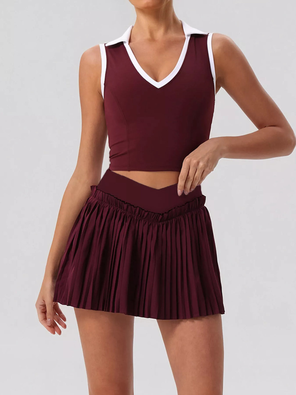 Sleeveless V-Neck Crop Top and Pleated Skirt Active Set