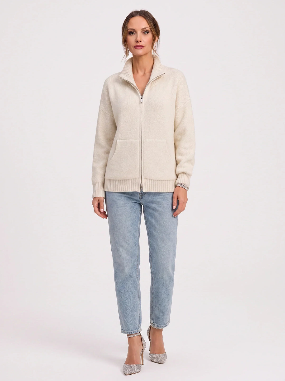 Women's Full Zip Ribbed Cardigan Funnel Neck Sweater