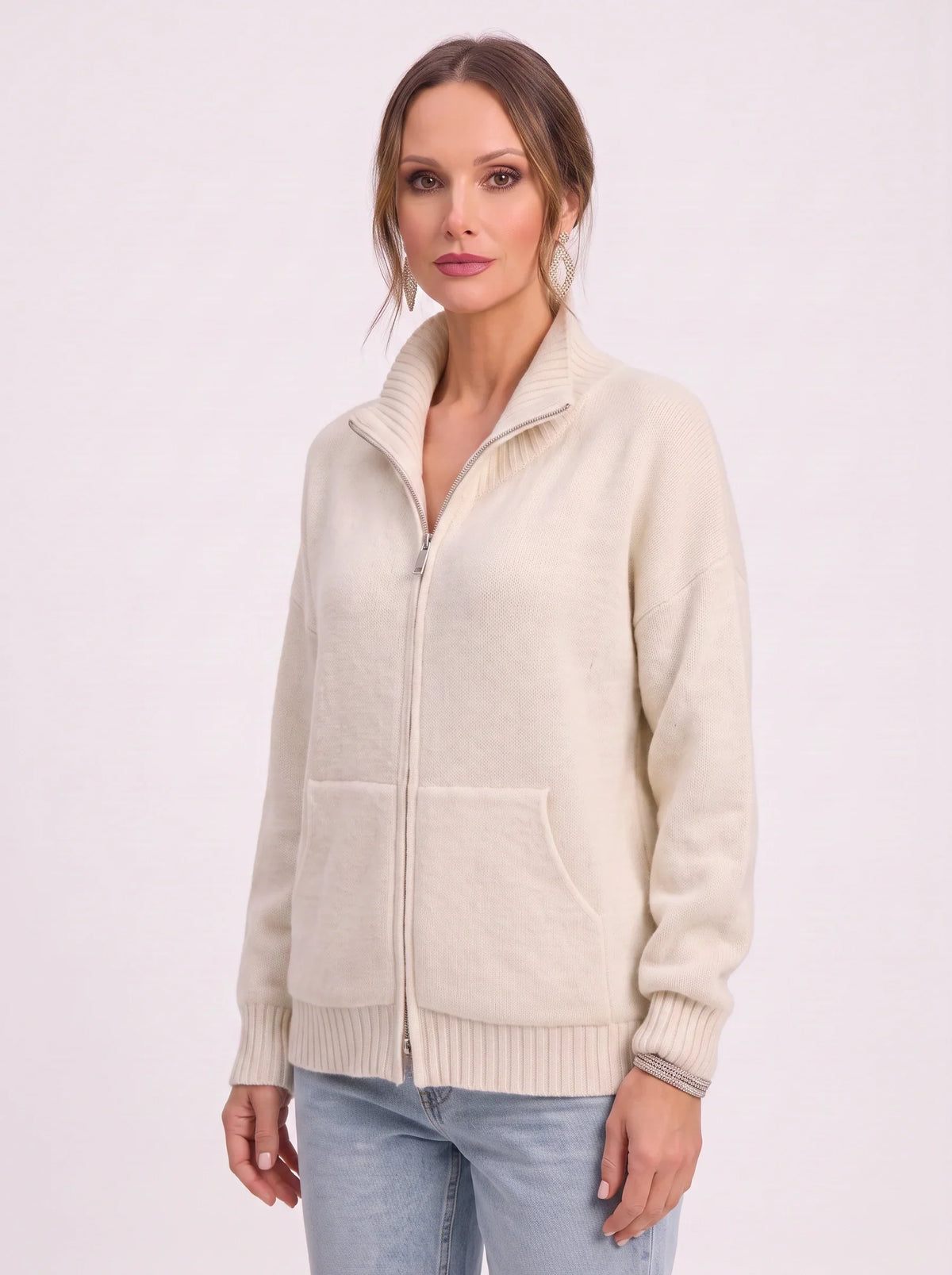 Women's Full Zip Ribbed Cardigan Funnel Neck Sweater