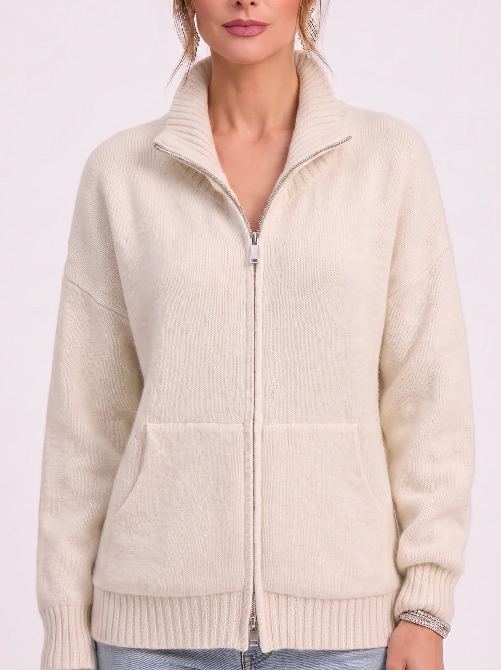 Women's Full Zip Ribbed Cardigan Funnel Neck Sweater