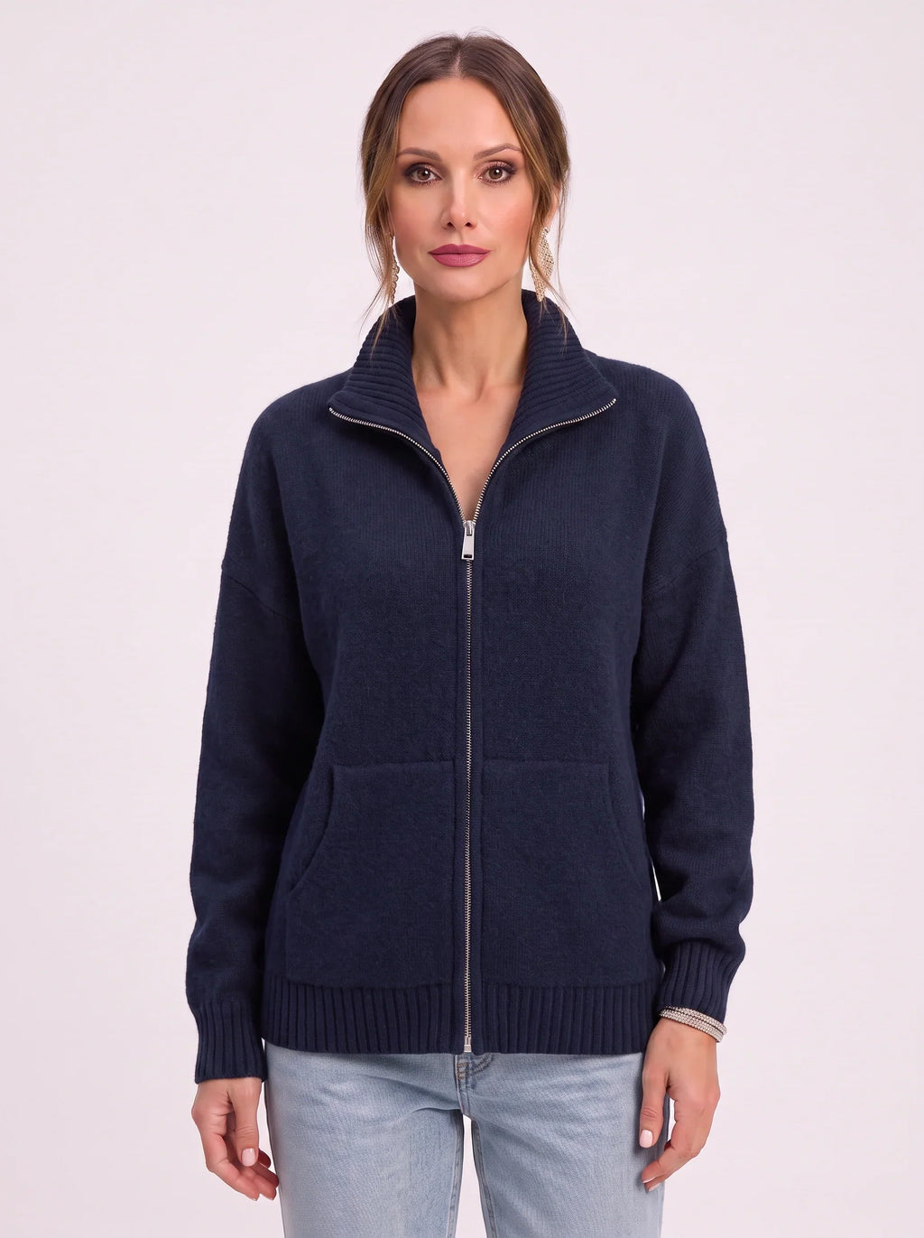 Women's Full Zip Ribbed Cardigan Funnel Neck Sweater