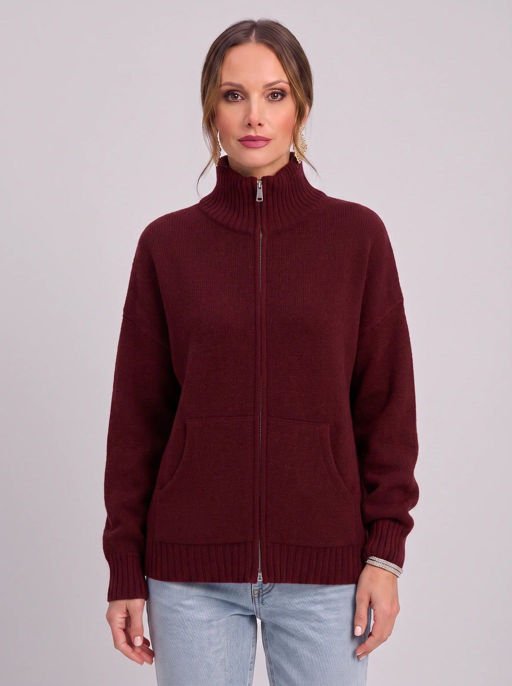 Women's Full Zip Ribbed Cardigan Funnel Neck Sweater