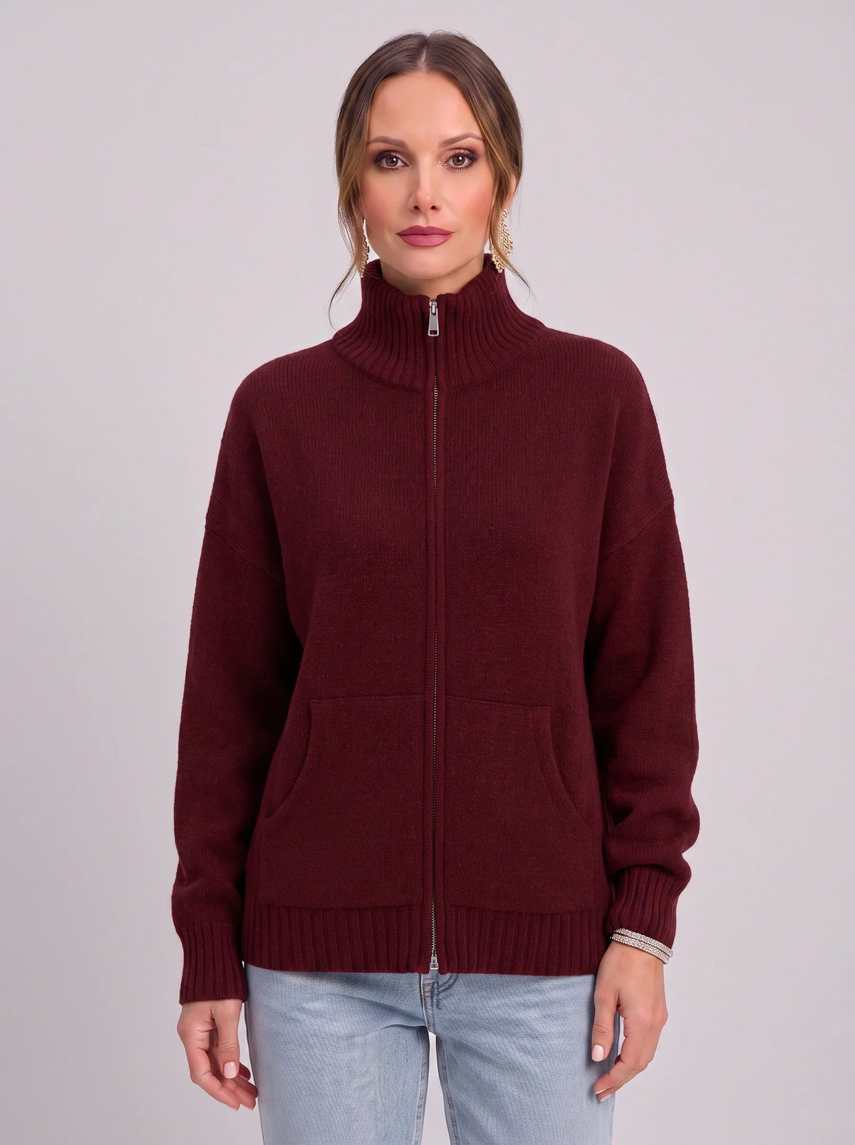 Women's Full Zip Ribbed Cardigan Funnel Neck Sweater